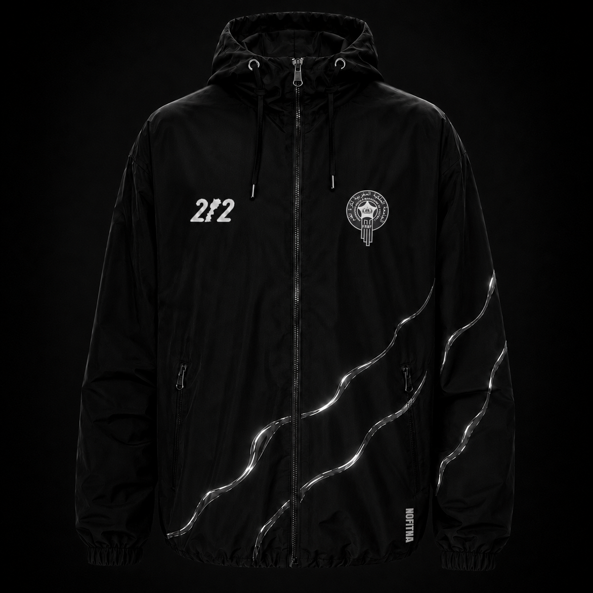 Veste réfléchissante NO FITNA Maroc 212 noire, vue de face de jour