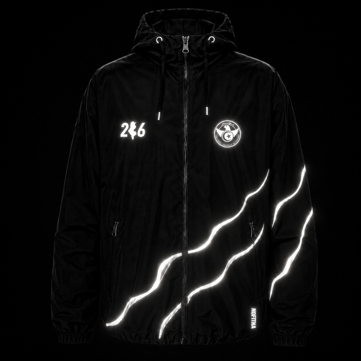 Veste Tunisie 216 noire illuminée au flash, vue de face